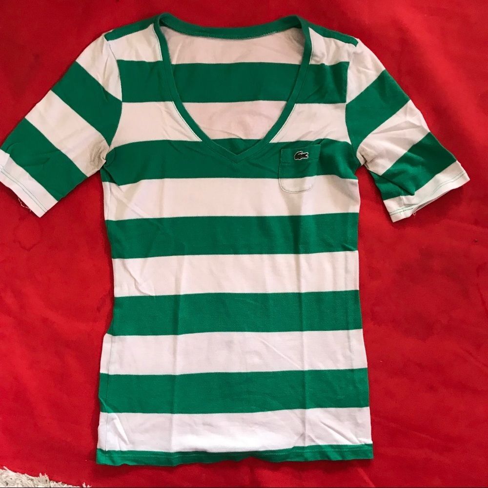 Lacoste Women's Green and White Striped Short Sleeve Tee